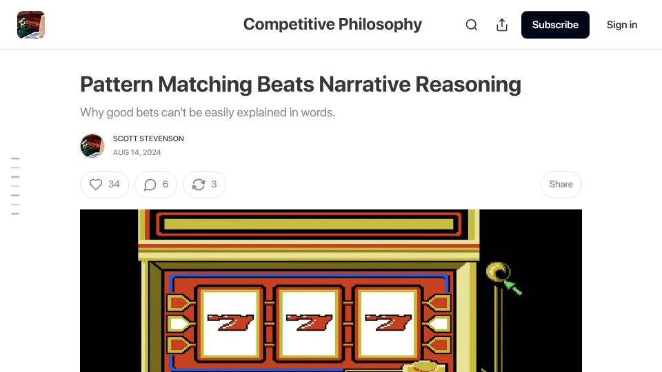 Screenshot of blog.scottstevenson.net: Pattern matching beats narrative reasoning