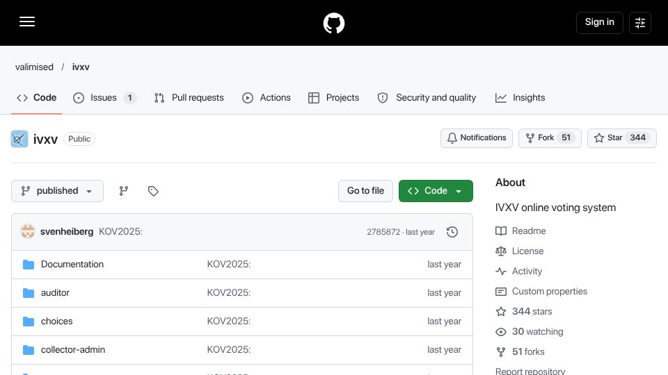 Screenshot of github.com: Source code of the Estonian online voting system