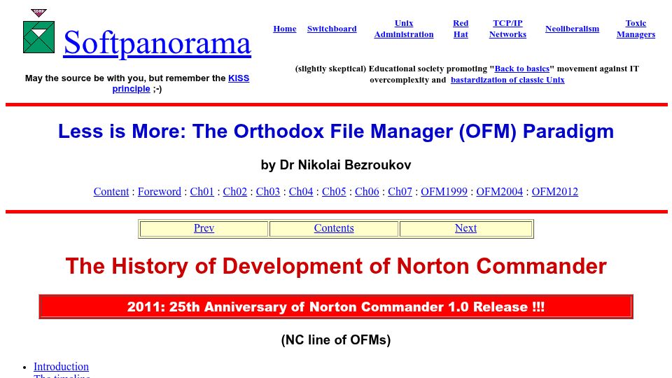Screenshot of softpanorama.org: The history of development of Norton Commander (2011)