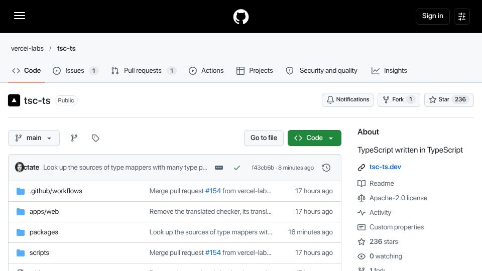Screenshot of github.com: Tsc-ts: TypeScript written in TypeScript