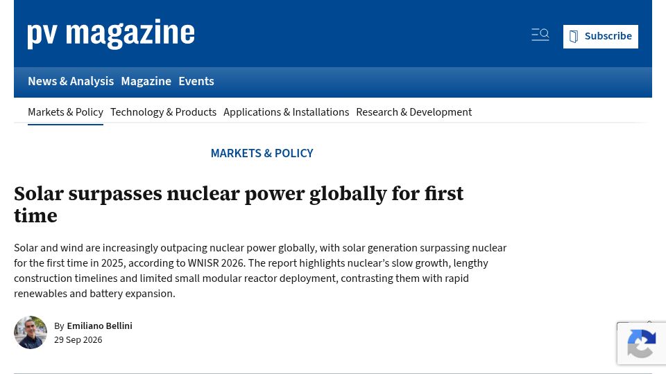 Screenshot of pv-magazine.com: Solar surpasses nuclear power globally for first time