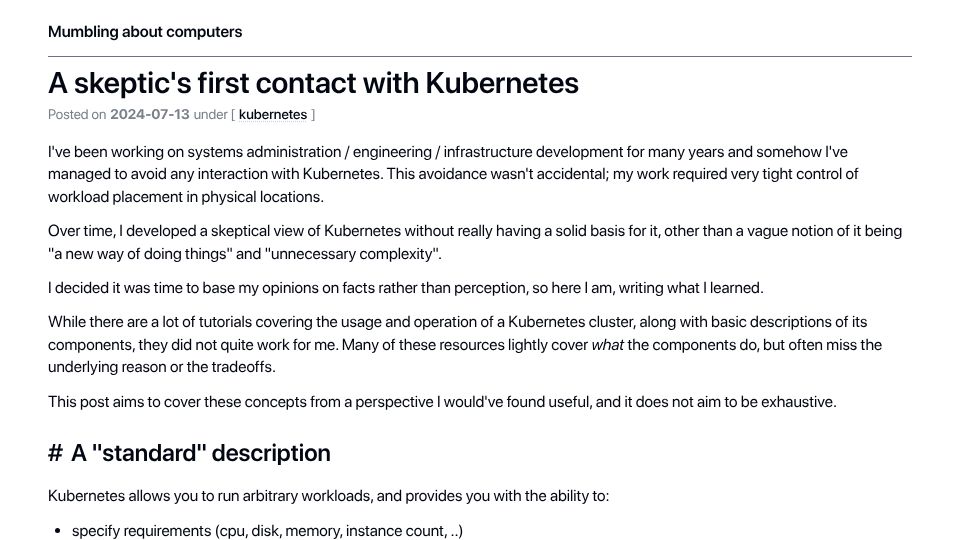 Screenshot of blog.davidv.dev: A skeptic's first contact with Kubernetes (2024)