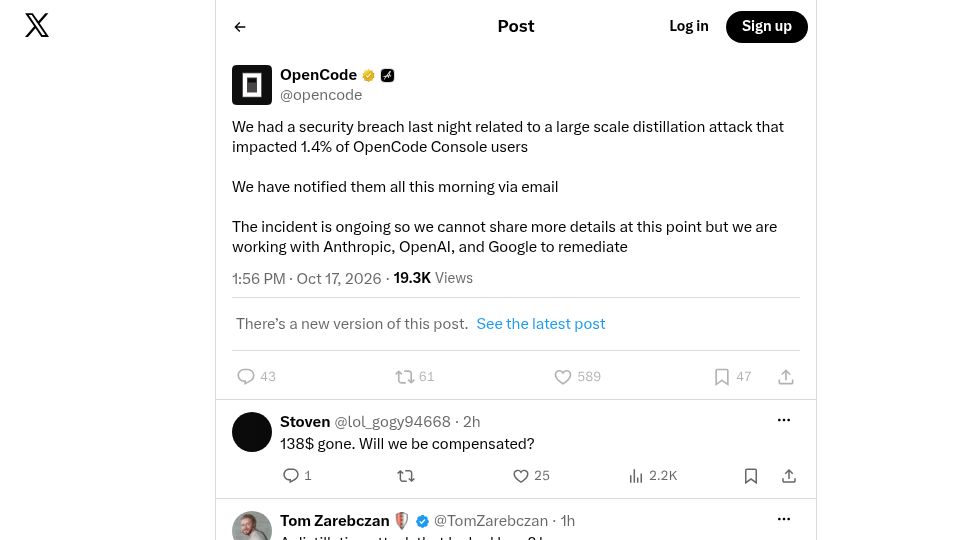 Screenshot of twitter.com: OpenCode Hacked: User credentials leaked