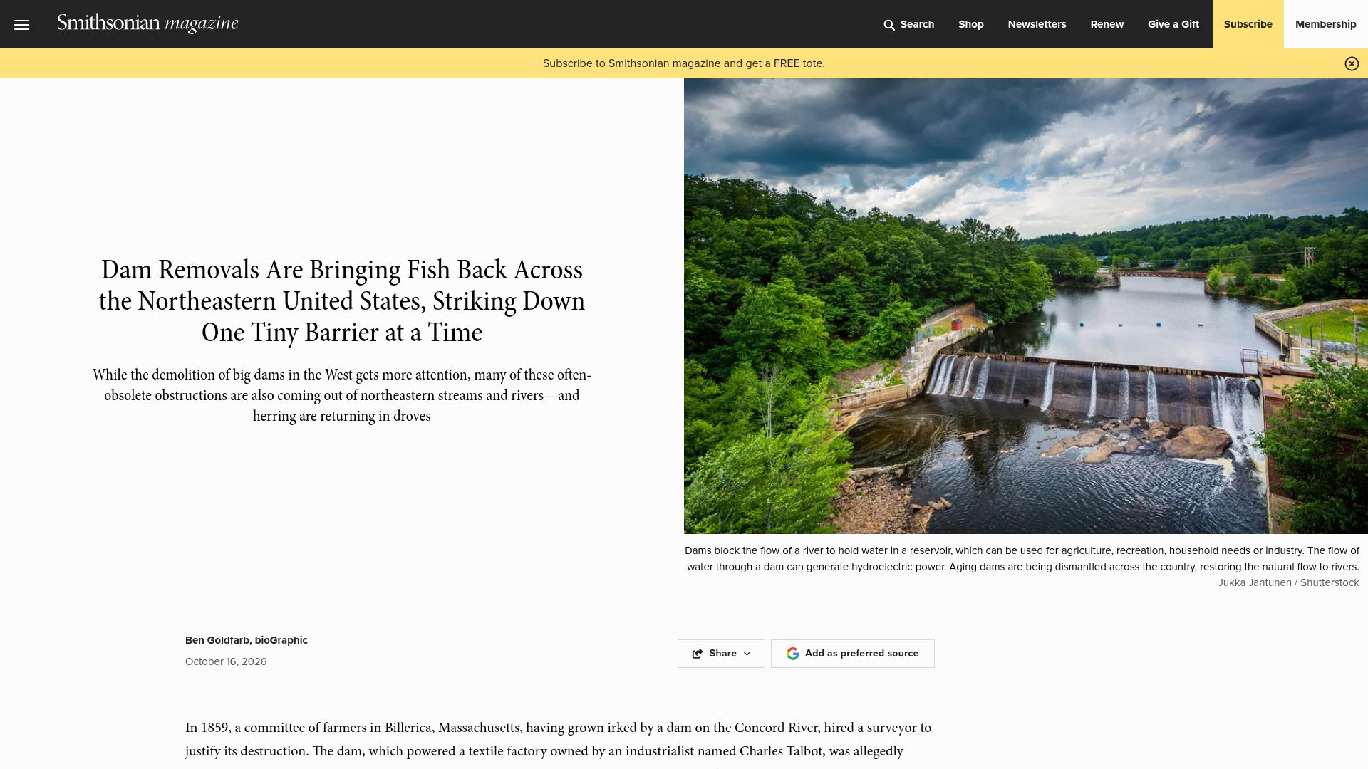 Screenshot of smithsonianmag.com: Dam removals are bringing fish back across the northeastern United States