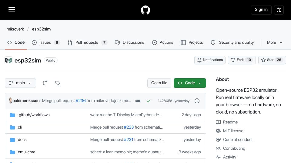 Screenshot of github.com: Show HN: Esp32sim – Run ESP32 firmware in the browser