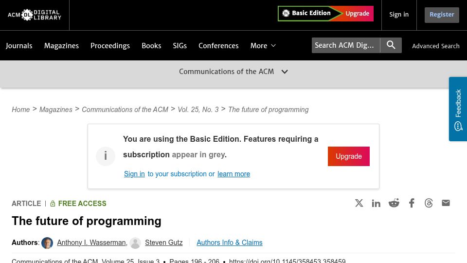 Screenshot of dl.acm.org: The future of programming (1982)