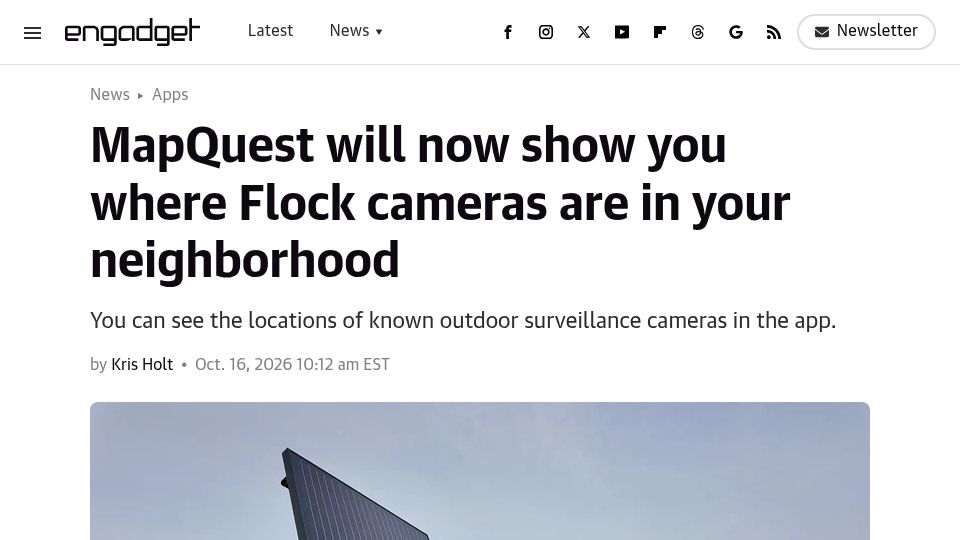 Screenshot of engadget.com: MapQuest will now show you where Flock cameras are in your neighborhood