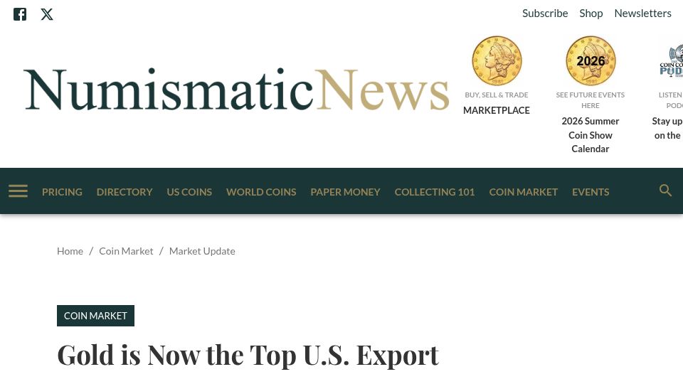 Screenshot of numismaticnews.net: Gold is now the top U.S. export