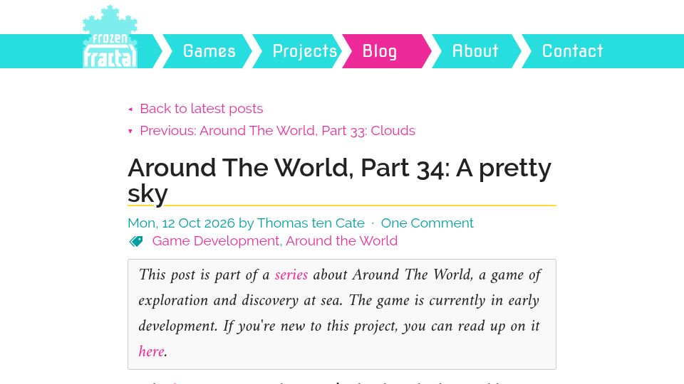 Screenshot of frozenfractal.com: Rendering pretty sky in Around The World game