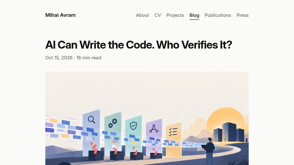 Screenshot of mihaisplace.com: AI Can Write the Code. Who Verifies It?