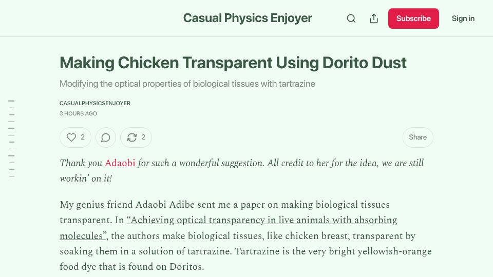 Screenshot of chillphysicsenjoyer.substack.com: Making chicken transparent using Dorito dust