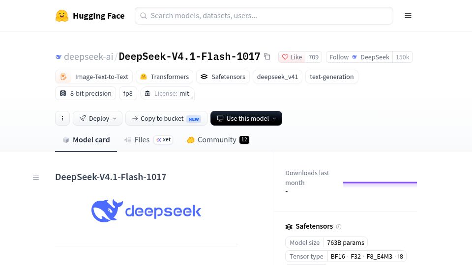 Screenshot of huggingface.co: DeepSeek-v4.1-Flash-1017