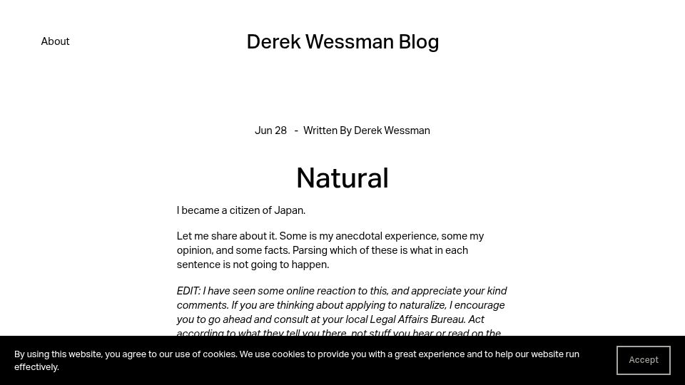Screenshot of derekwessman.com: I Became a Citizen of Japan