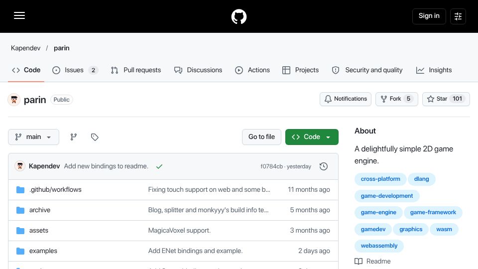Screenshot of github.com: Show HN: Parin – A 2D game engine between raylib and Godot, written in Dlang