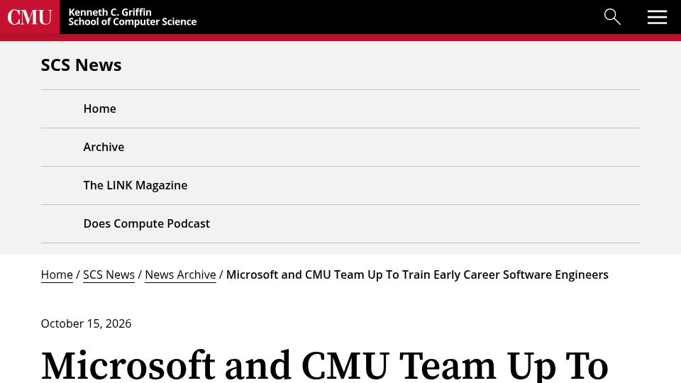 Screenshot of cs.cmu.edu: Microsoft and CMU team up to train early career software engineers