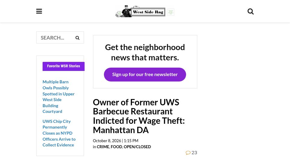 Screenshot of westsiderag.com: Owner of Former UWS Barbecue Restaurant Indicted for Wage Theft: Manhattan DA