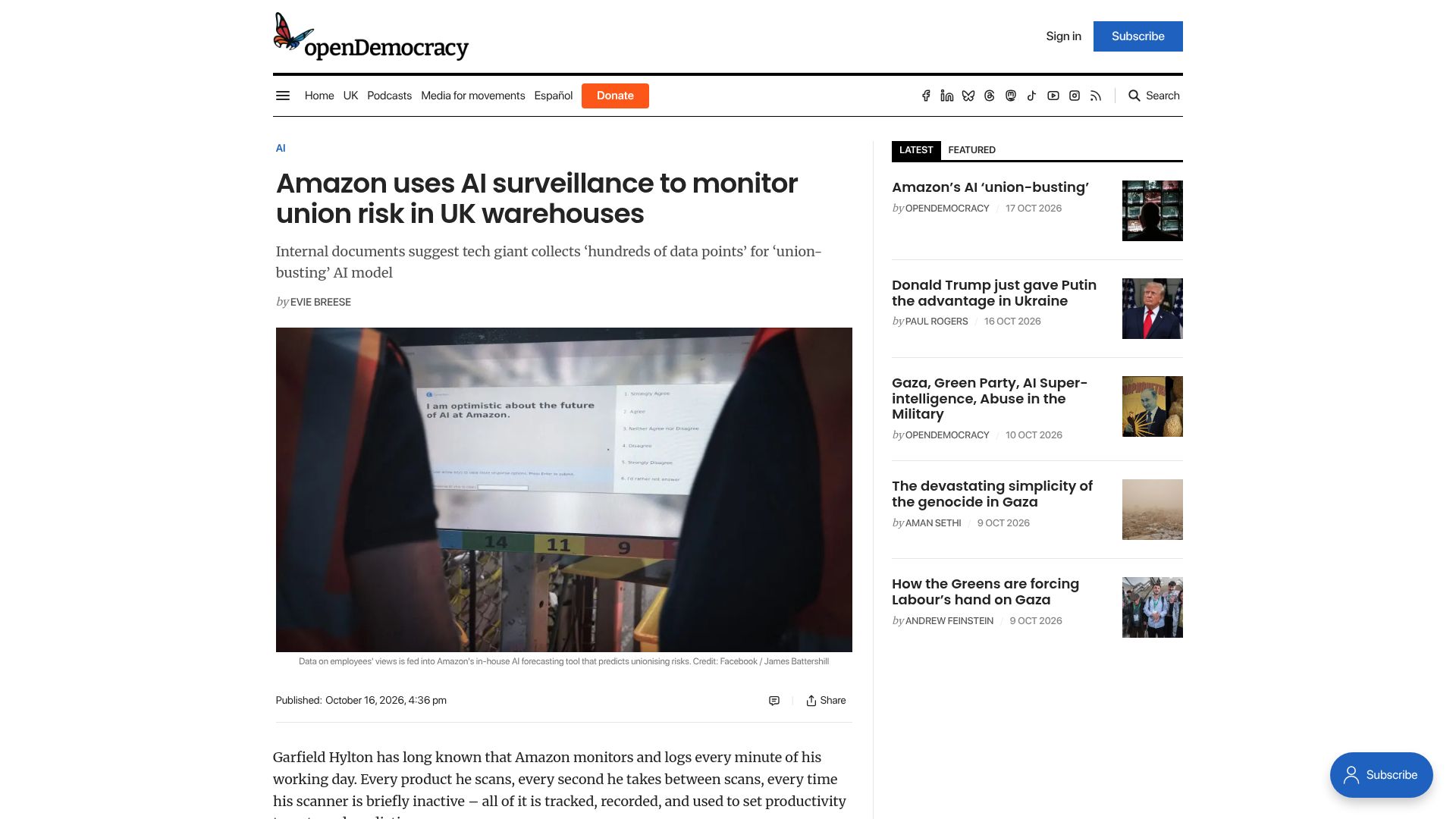 Screenshot of opendemocracy.net: Amazon uses AI to monitor union risk in UK warehouses