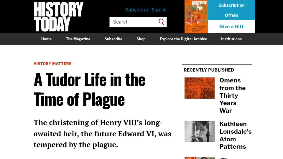 Screenshot of historytoday.com: A Tudor life in the time of plague (2020)