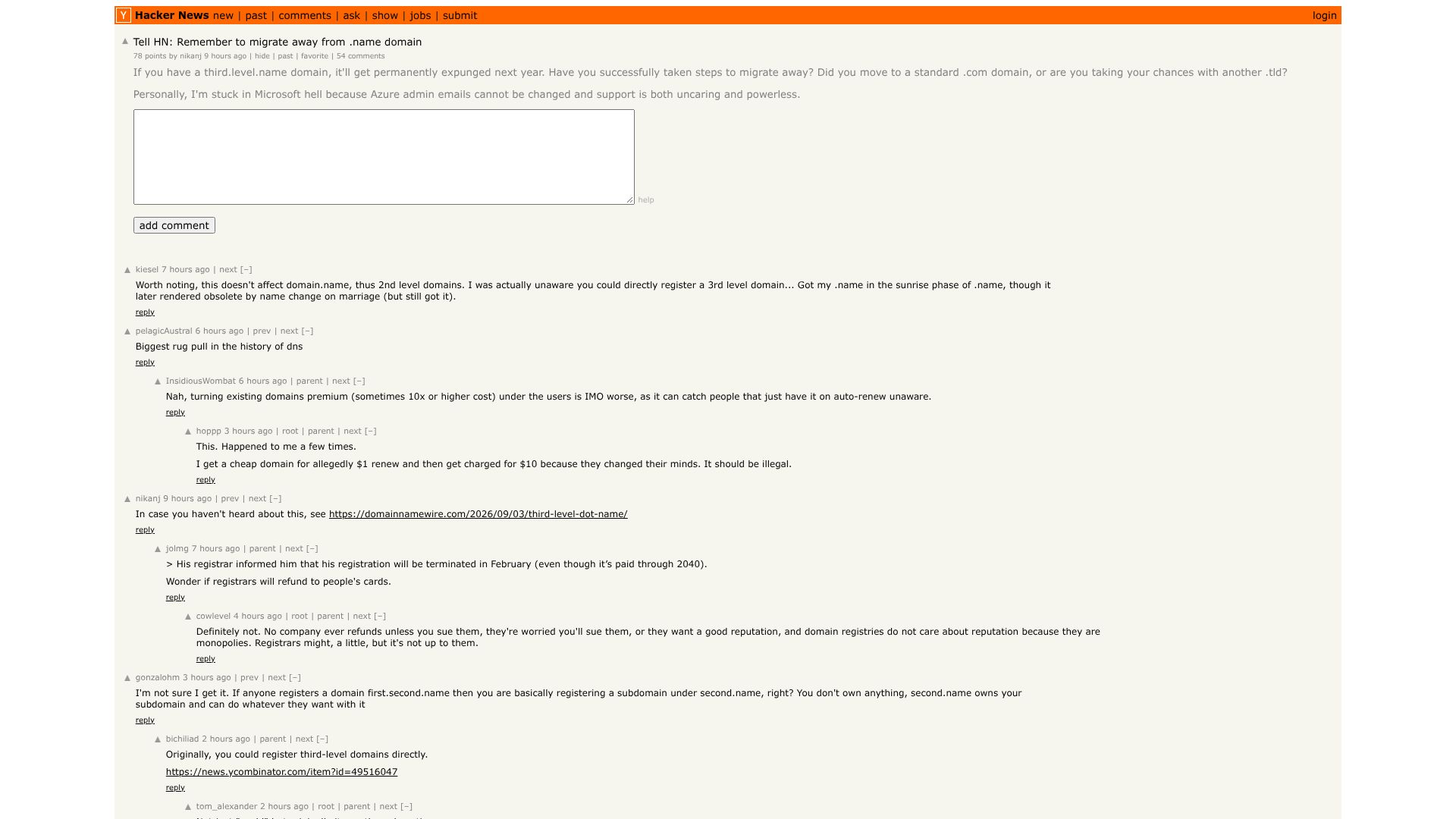 Screenshot of this Hacker News post: Tell HN: Remember to migrate away from .name domain