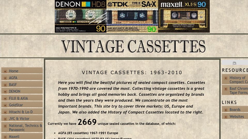 Screenshot of vintagecassettes.com: Vintage Cassettes: 1963-2010