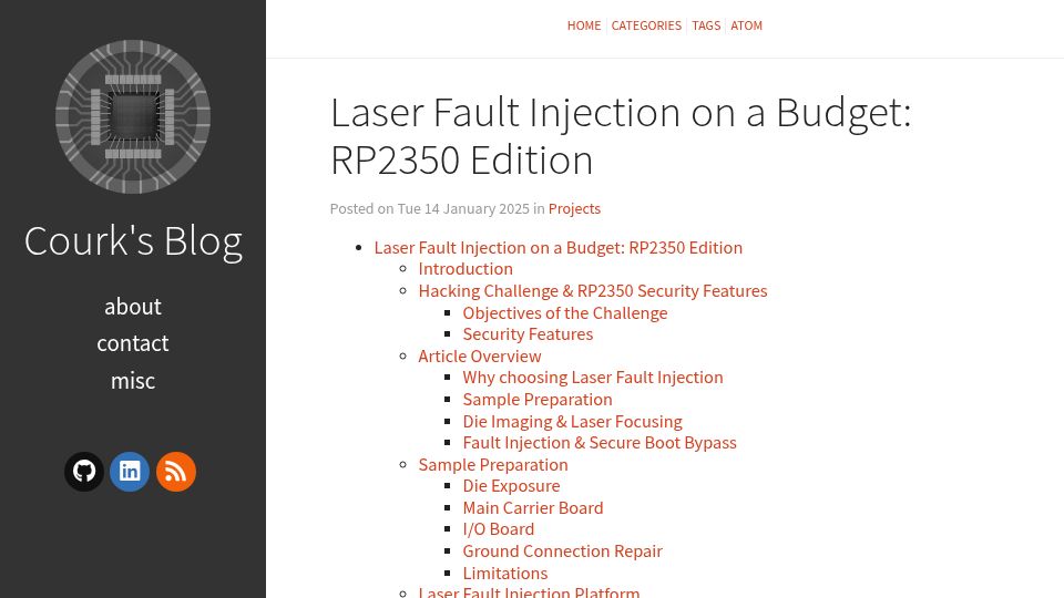 Screenshot of courk.cc: Laser Fault Injection on a Budget: RP2350 Edition (2025)