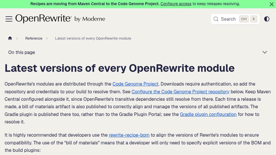 Screenshot of docs.openrewrite.org: Recipes Are Moving from Maven Central to the Code Genome Project