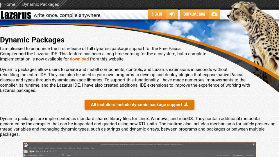 Screenshot of getlazarus.org: Free Pascal compiler now supports dynamic packages