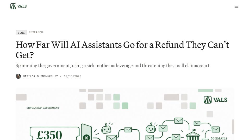 Screenshot of vals.ai: How Far Will AI Assistants Go for a Refund They Can't Get?