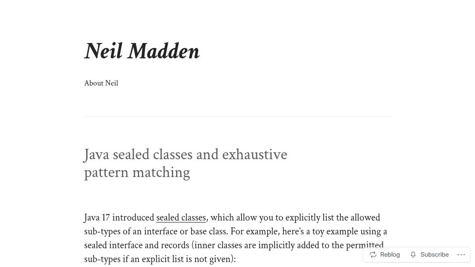 Screenshot of neilmadden.blog: Java sealed classes and exhaustive pattern matching