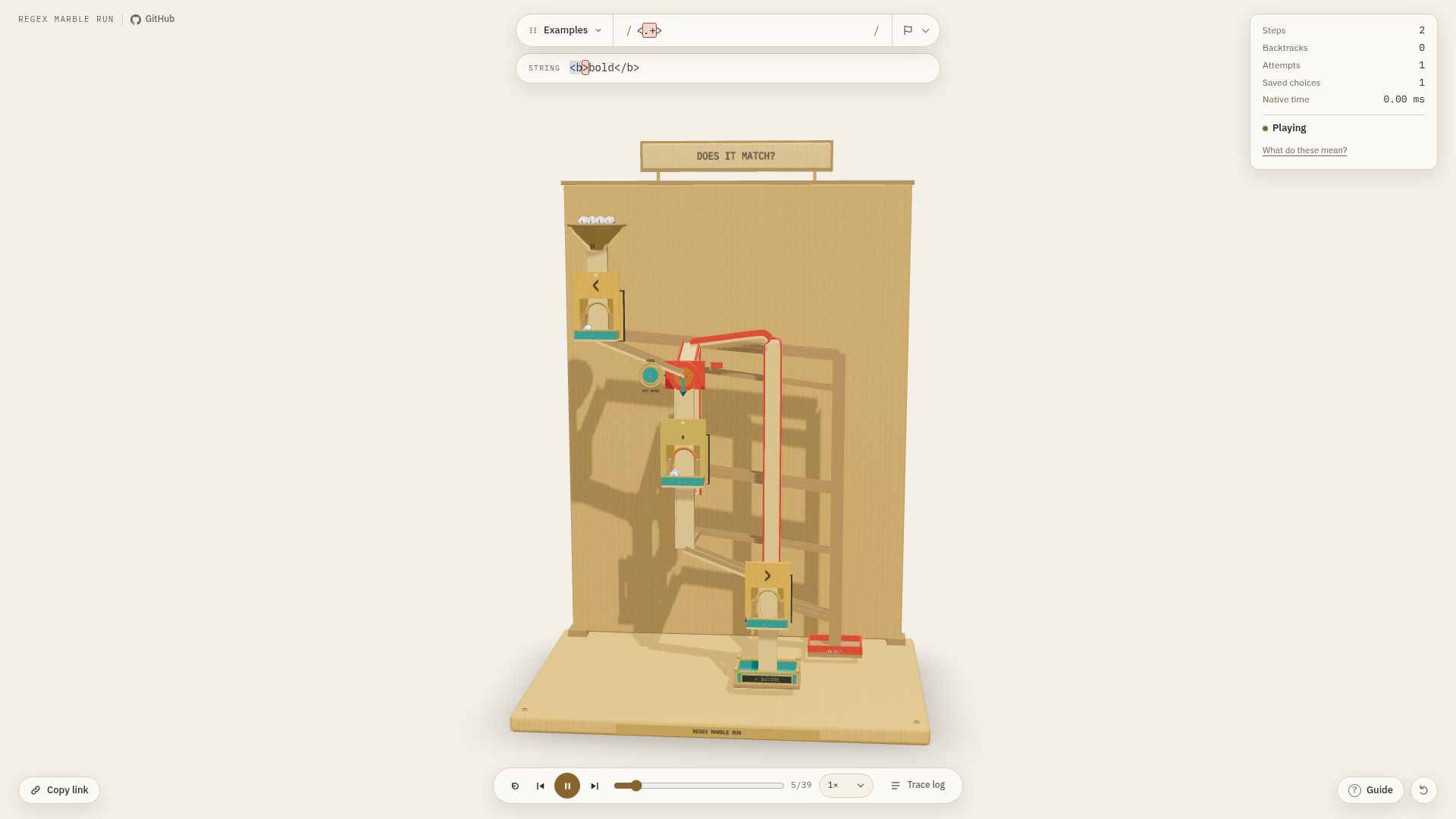 Screenshot of regexmarblerun.com: Regex visualized as 3D marble run