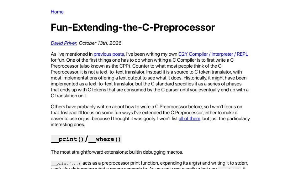 Screenshot of davidpriver.com: Fun Extending the C Preprocessor