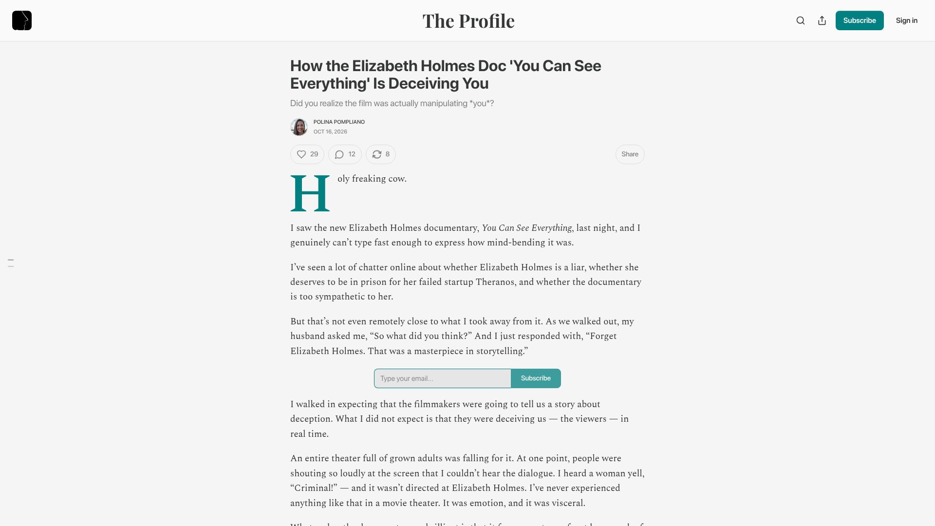 Screenshot of readtheprofile.com: The Elizabeth Holmes documentary “You Can See Everything” is deceiving