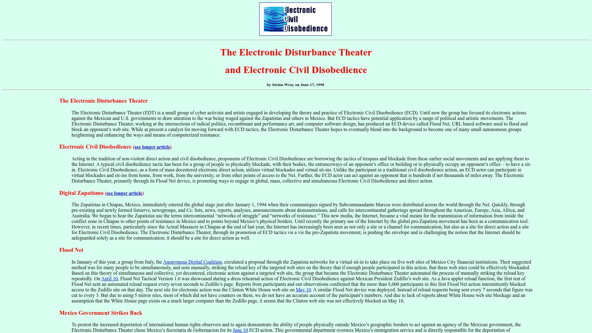Screenshot of thing.net: The Electronic Disturbance Theater and Electronic Civil Disobedience (1998)