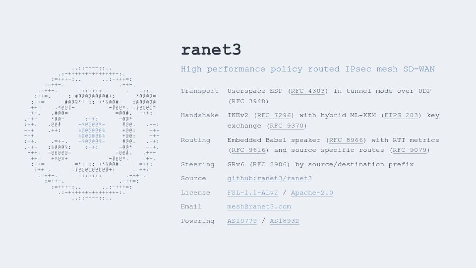 Screenshot of ranet3.com: Show HN: Ranet3 – High performance policy routed IPsec mesh SD-WAN