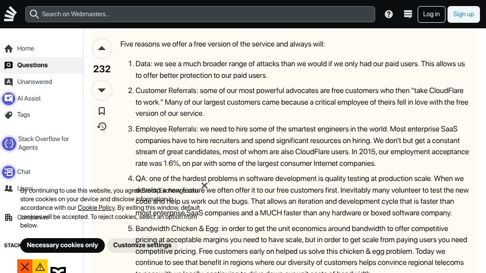 Screenshot of webmasters.stackexchange.com: Matthew Prince on why Cloudflare offers a free version and always will (2016)