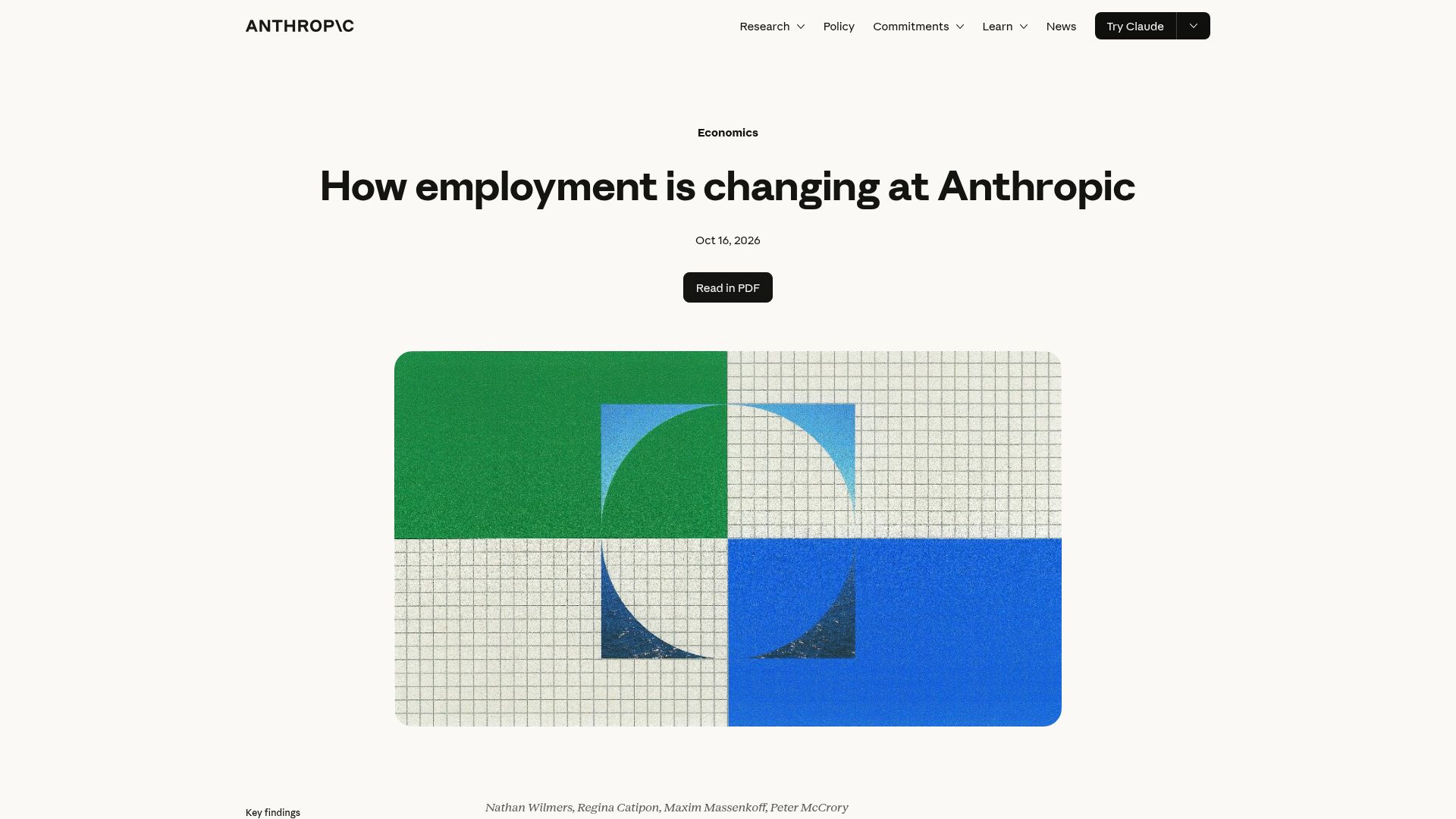 Screenshot of anthropic.com: How employment is changing at Anthropic