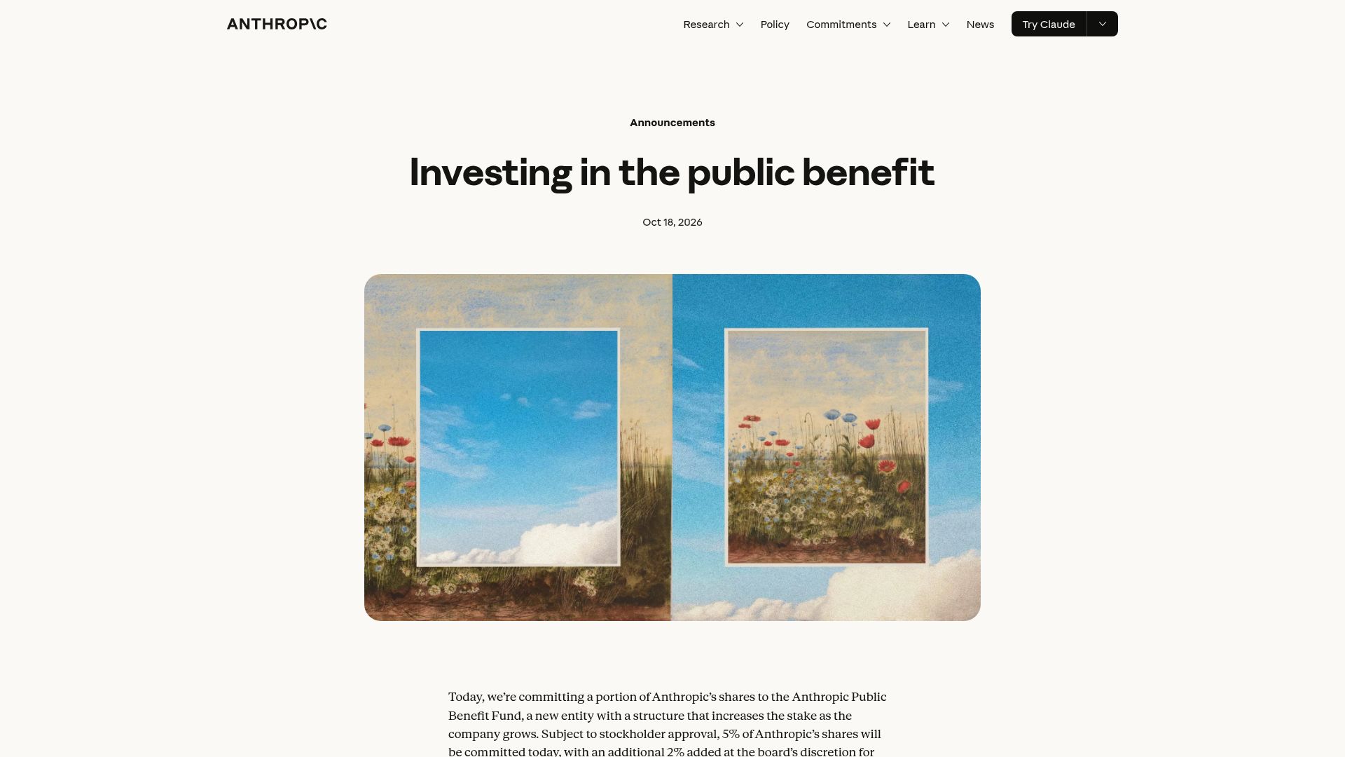 Screenshot of anthropic.com: Investing in the public benefit