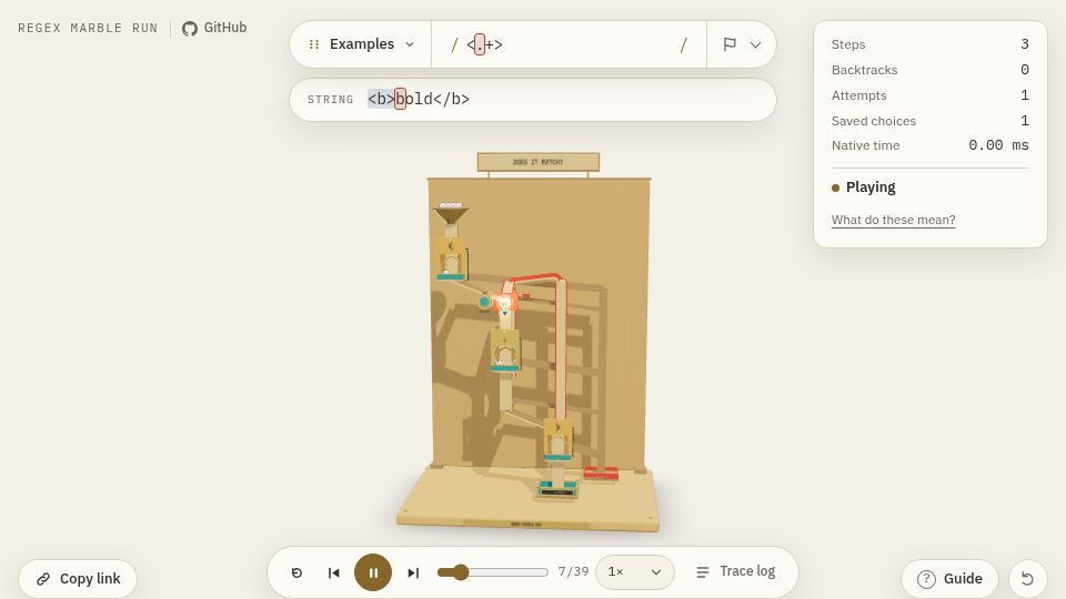 Screenshot of regexmarblerun.com: Regex visualized as 3D marble run
