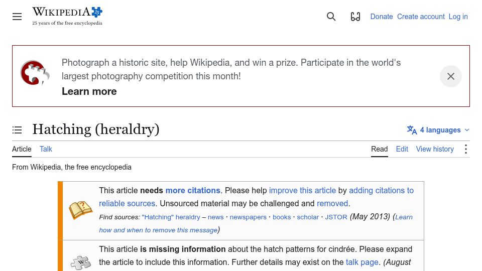 Screenshot of en.wikipedia.org: Hatching (Heraldry)
