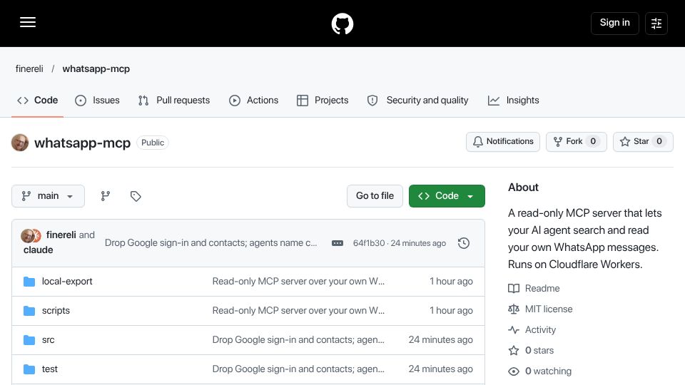 Screenshot of github.com: Show HN: WhatsApp MCP running free on Cloudflare