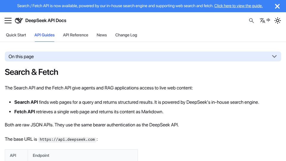 Screenshot of api-docs.deepseek.com: DeepSeek search and fetch – $0.75 per 1000 successful requests