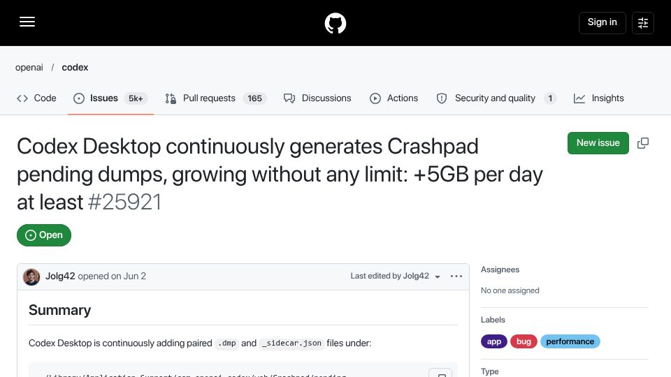 Screenshot of github.com: Codex Desktop continuously generates Crashpad pending dumps