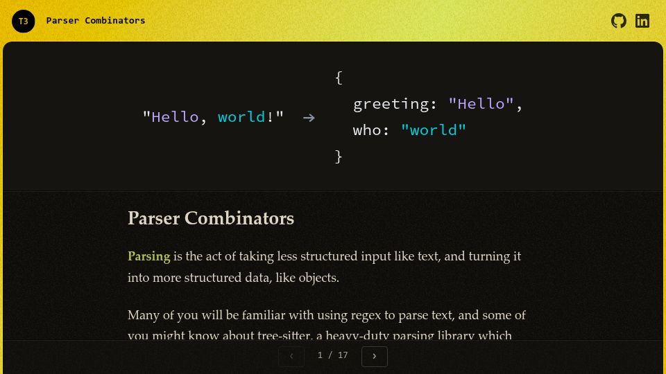 Screenshot of t3.at: Parser Combinators