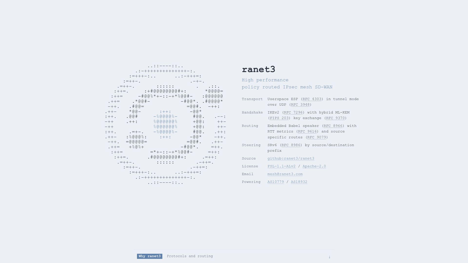 Screenshot of ranet3.com: Show HN: Ranet3 – High performance policy routed IPsec mesh SD-WAN