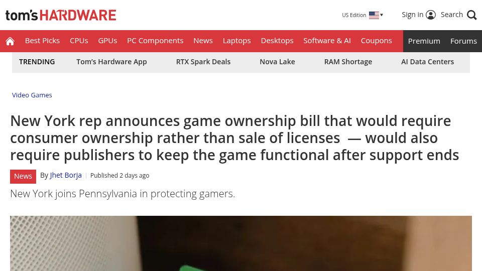 Screenshot of tomshardware.com: NY announces game ownership bill requiring ownership rather than licensing
