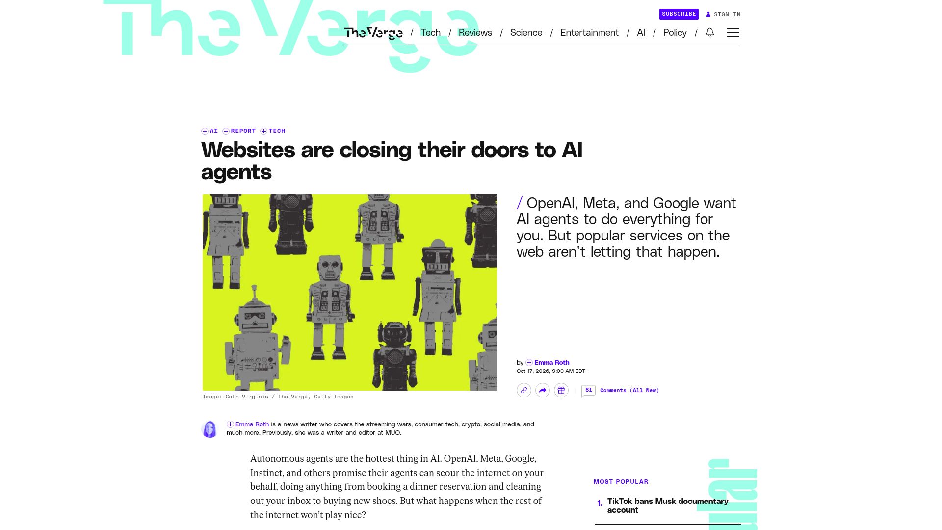 Screenshot of theverge.com: Websites are closing their doors to AI agents