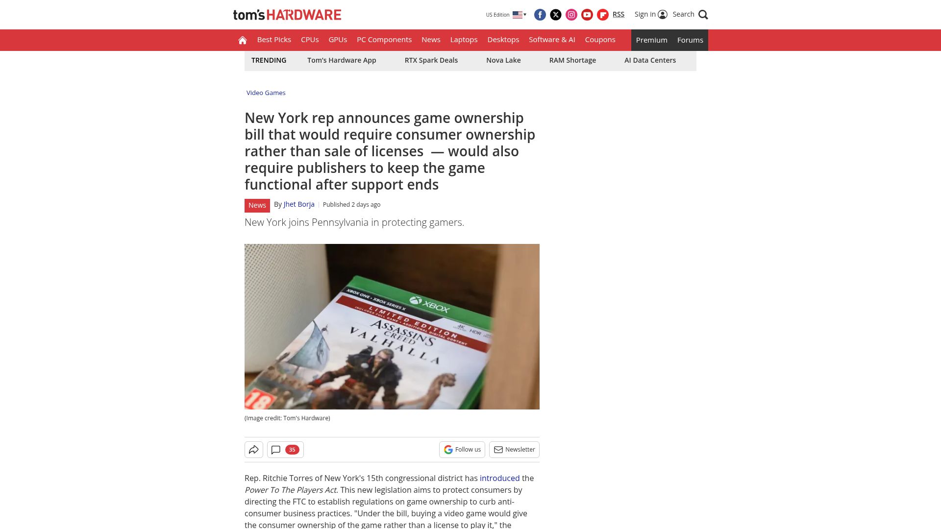 Screenshot of tomshardware.com: NY announces game ownership bill requiring ownership rather than licensing