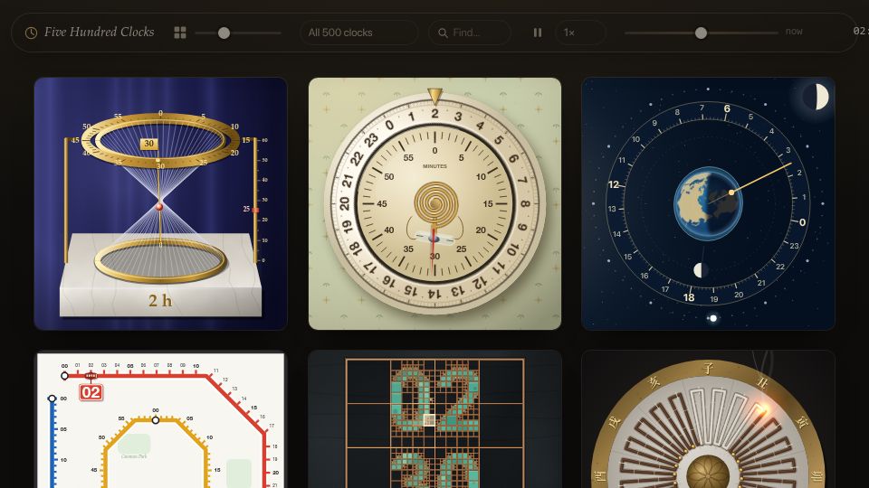 Screenshot of tkgally.github.io: Show HN: 500 clocks in one 6.3 MB HTML file by Opus 5.5