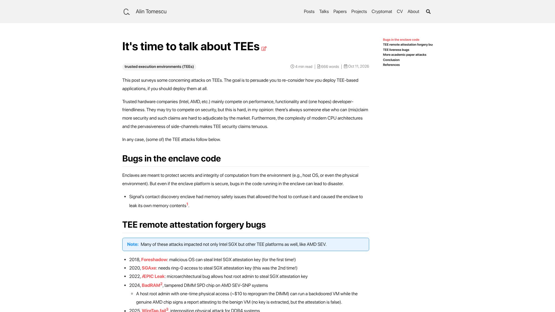 Screenshot of alinush.github.io: It's time to talk about TEEs