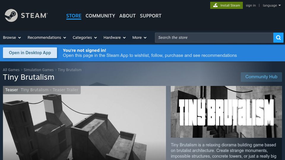 Screenshot of store.steampowered.com: Tiny Brutalism – Thanks to HN it's on Steam